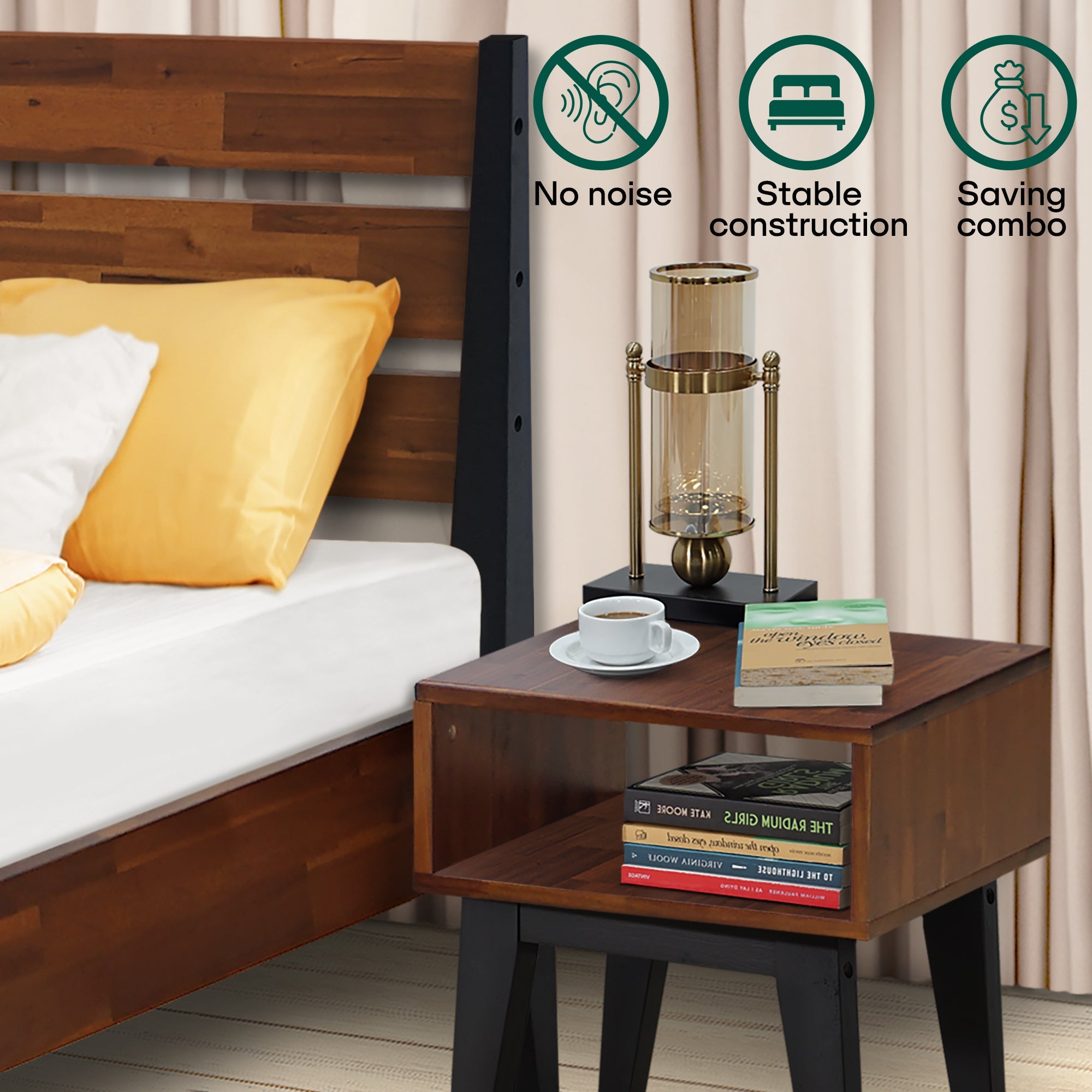 Acacia Emery Solid Wood Bed Frame & Nightstand Bedroom Set