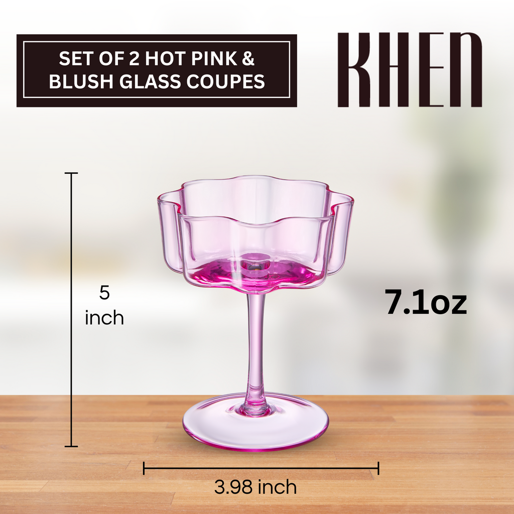 Flower Wave Coupe Cocktail Colored Glasses | Set of 2 | Hot Pink & Blush