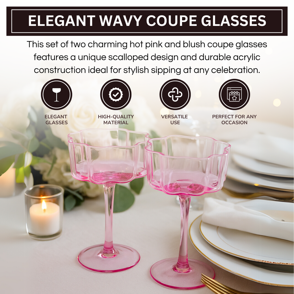 Flower Wave Coupe Cocktail Colored Glasses | Set of 2 | Hot Pink & Blush