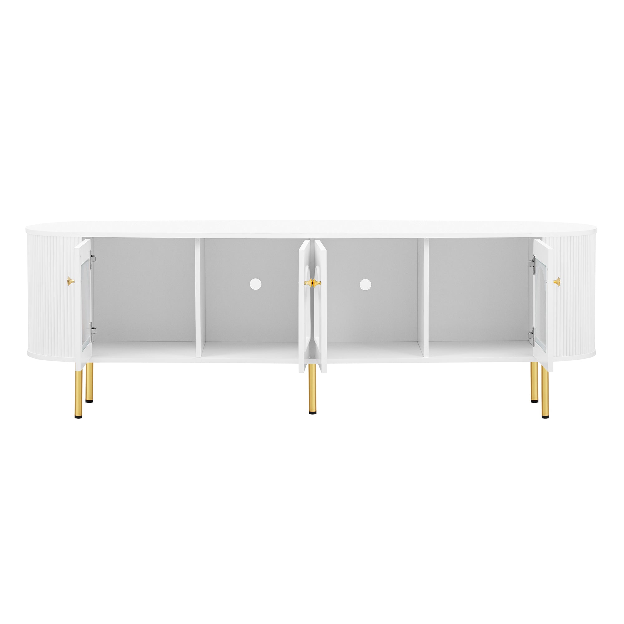 U-Can Modern TV Stand for TVs up to 80 Inches, Entertainment Center with 4 Cabinets, Wood with Metal Legs and Handles White