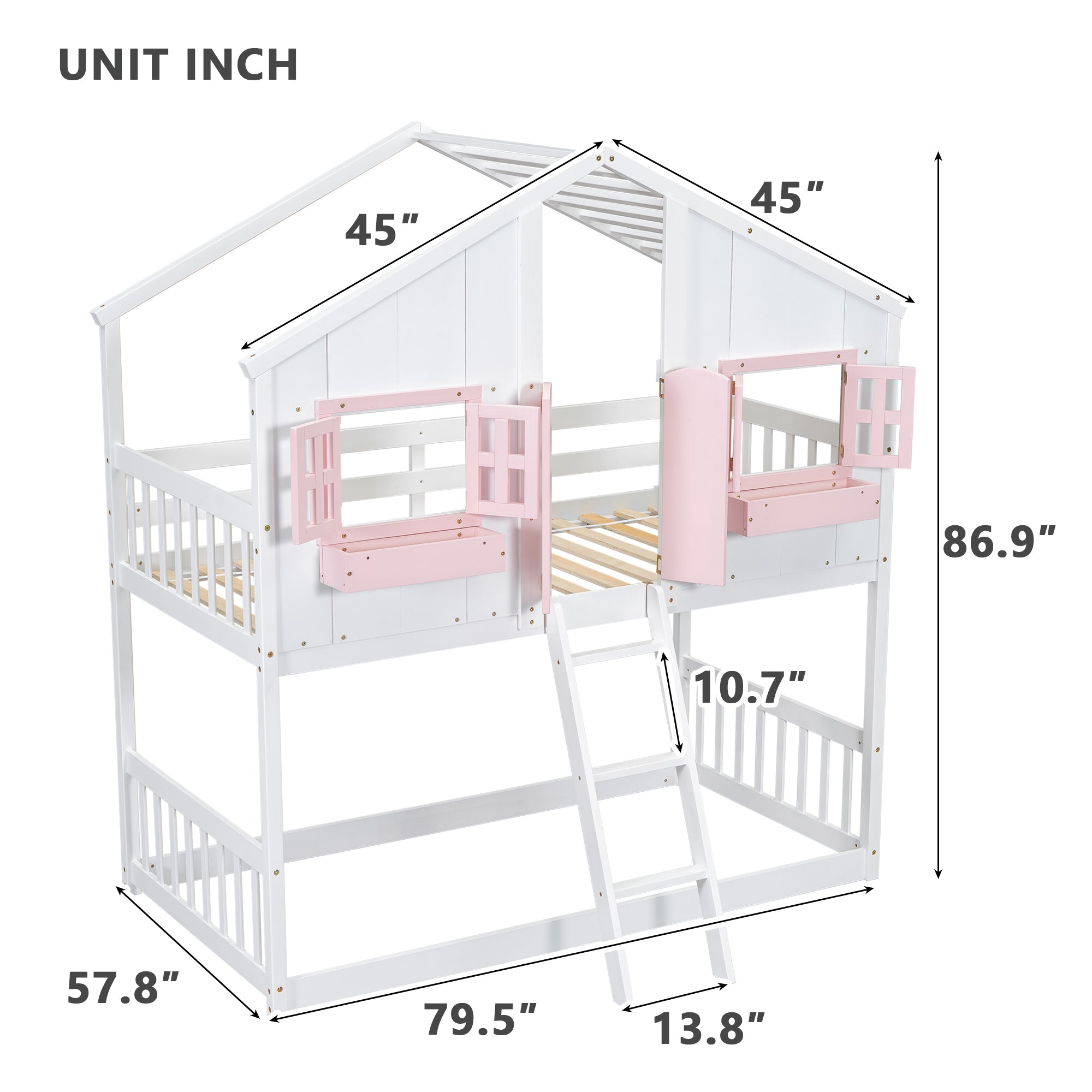 Twin over Twin House Bunk Bed with Roof , Window, Window Box, Door , with Safety Guardrails and Ladder, Pink/White