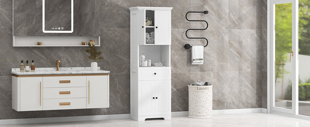 Tall Bathroom Cabinet with Four Doors, Large Storage Space Open Shelve, Upper Storage Cabinet, Whit