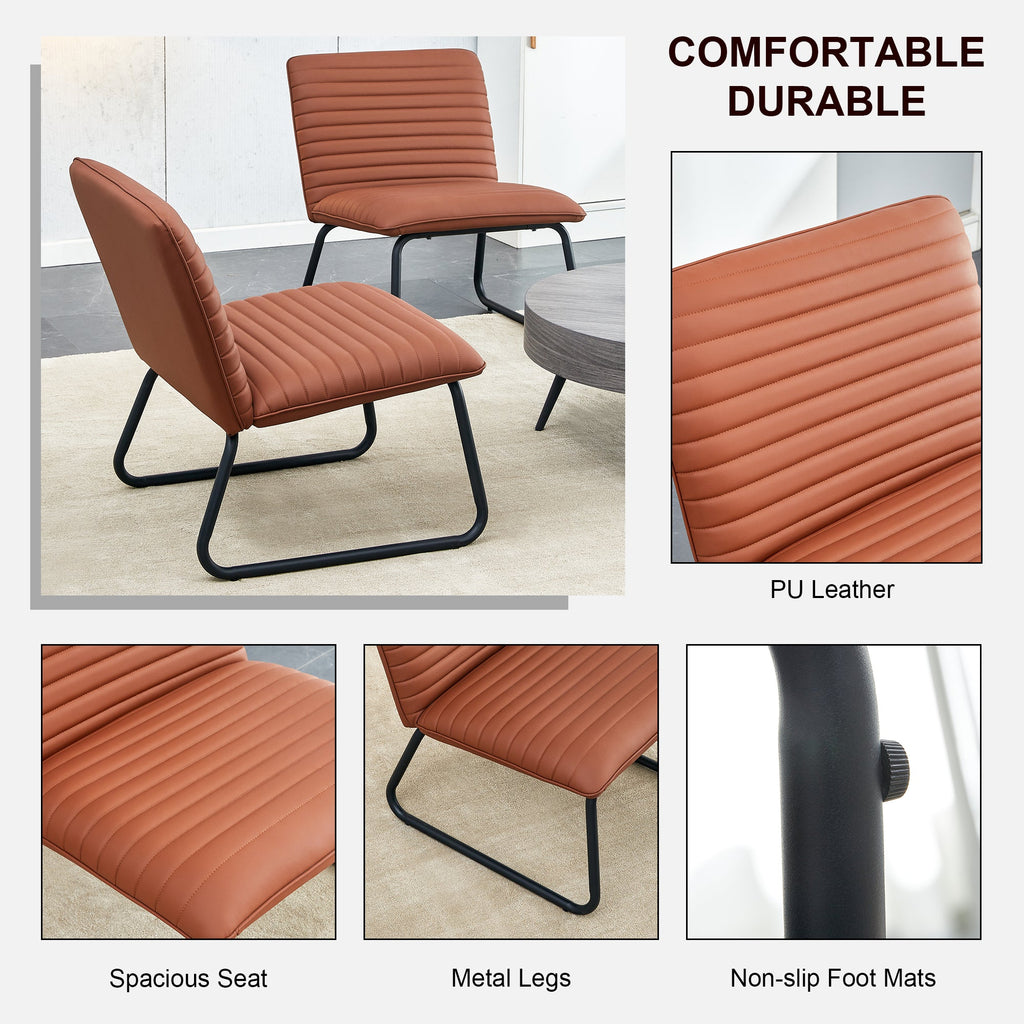 Brown minimalist armless sofa chair with PU backrest and black metal legs