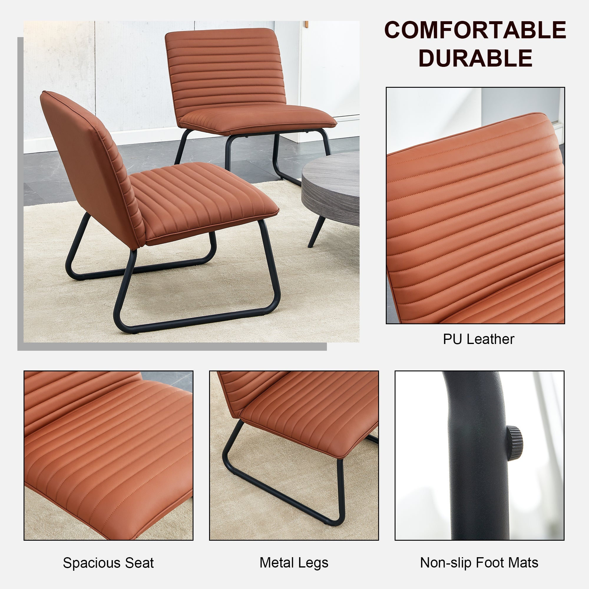Brown minimalist armless sofa chair with PU backrest and black metal legs