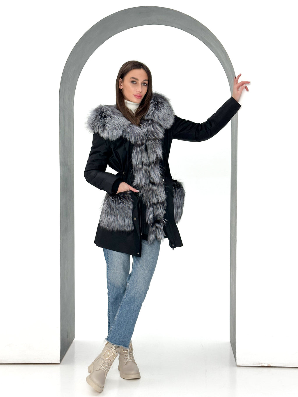 Genuine Silver Fox Fur Rabbit Fur Insulated Parka