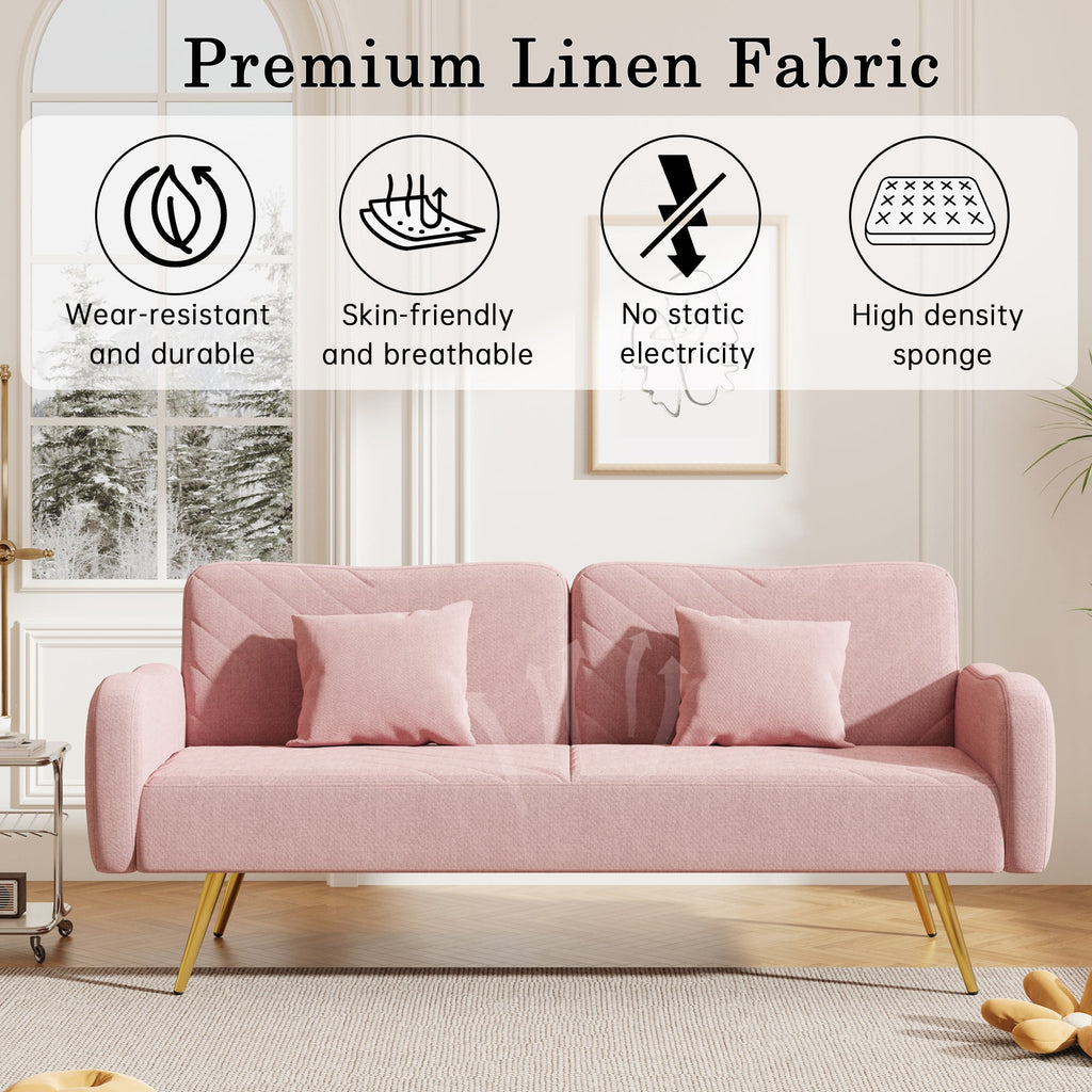 70.47" Pink Fabric Double Sofa with Split Backrest and Two Throw Pillows