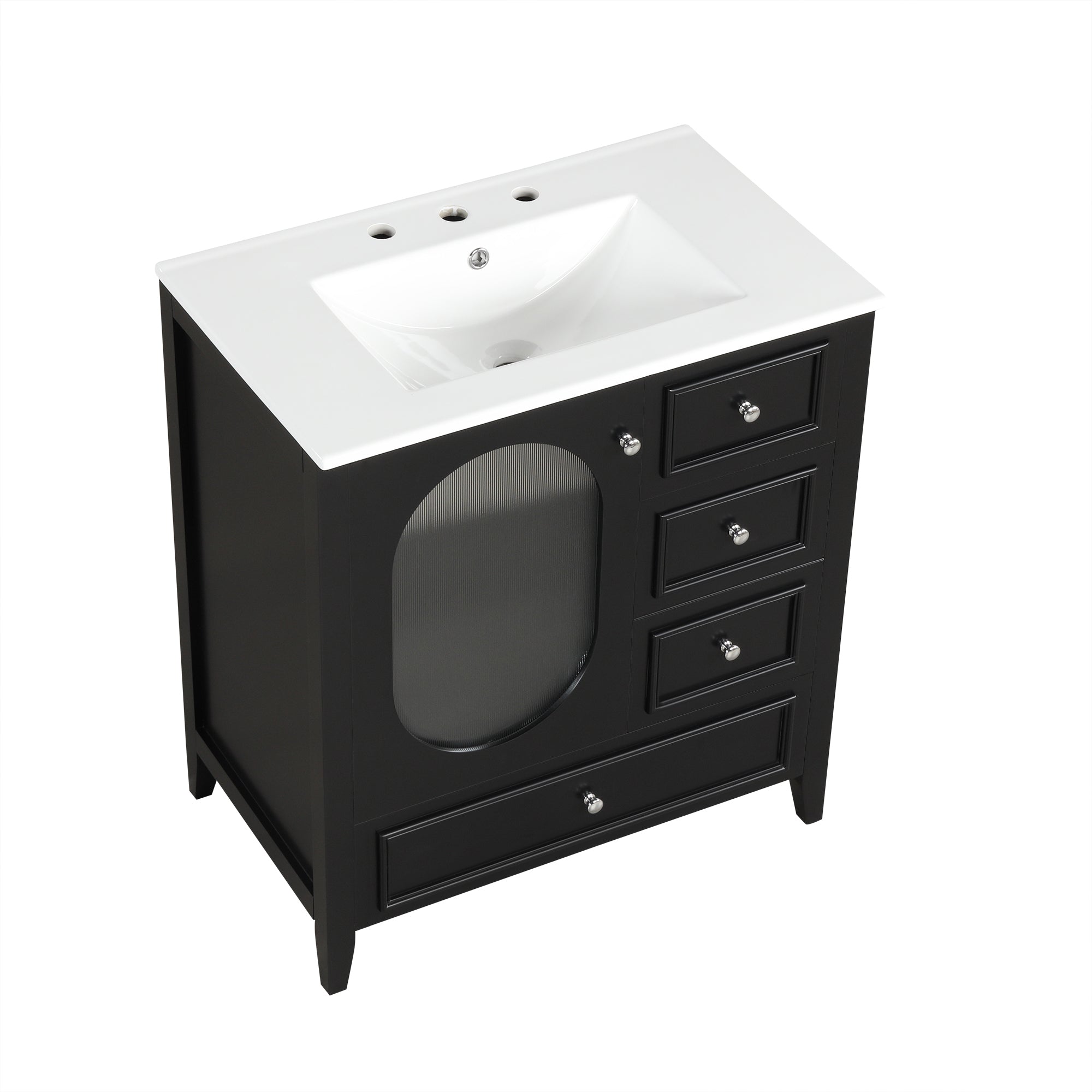 30" Bathroom Vanity with Sink, Bathroom Vanity Cabinet with Three Drawers and Door, Solid Wood and MDF, Black