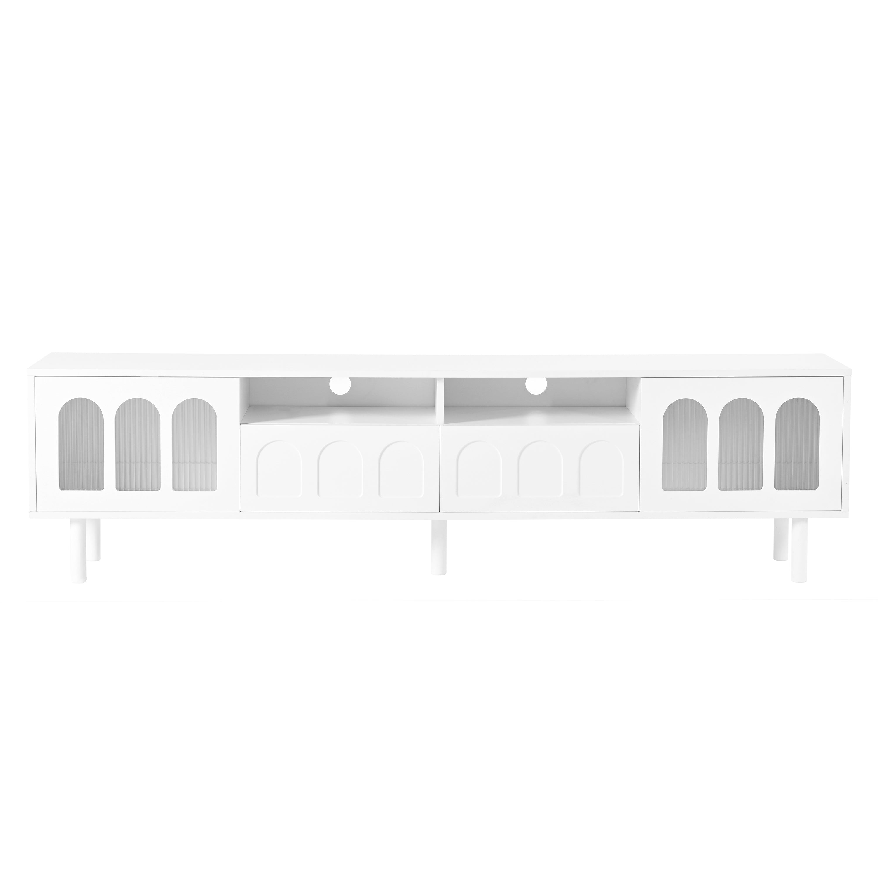 ON-TRANS cream colored TV stand with LED light strip, suitable for 80 inch TV storage console with tempered glass door, white