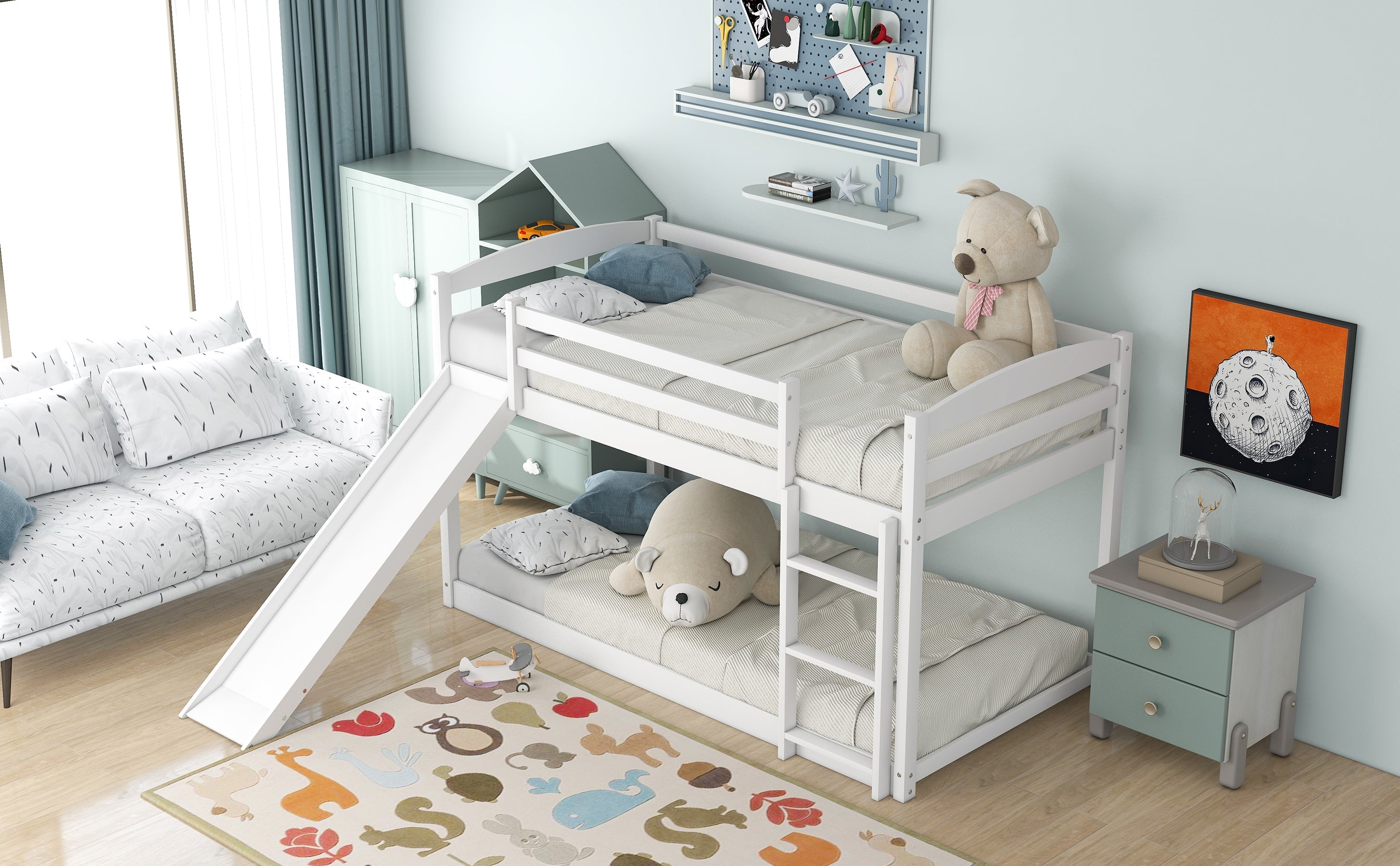Twin over Twin Bunk Bed with Convertible Slide and Ladder   White