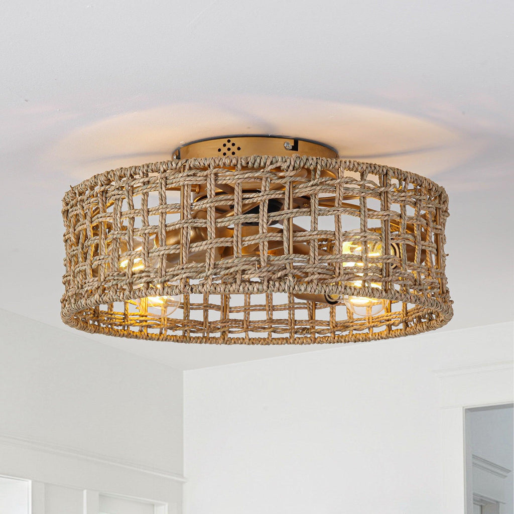 18 Inch Vintage Gold Farmhouse Rattan Flush Mount Ceiling Fan with Light APP and Remote Control