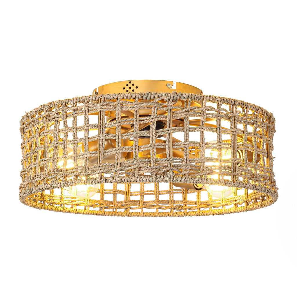 18 Inch Vintage Gold Farmhouse Rattan Flush Mount Ceiling Fan with Light APP and Remote Control