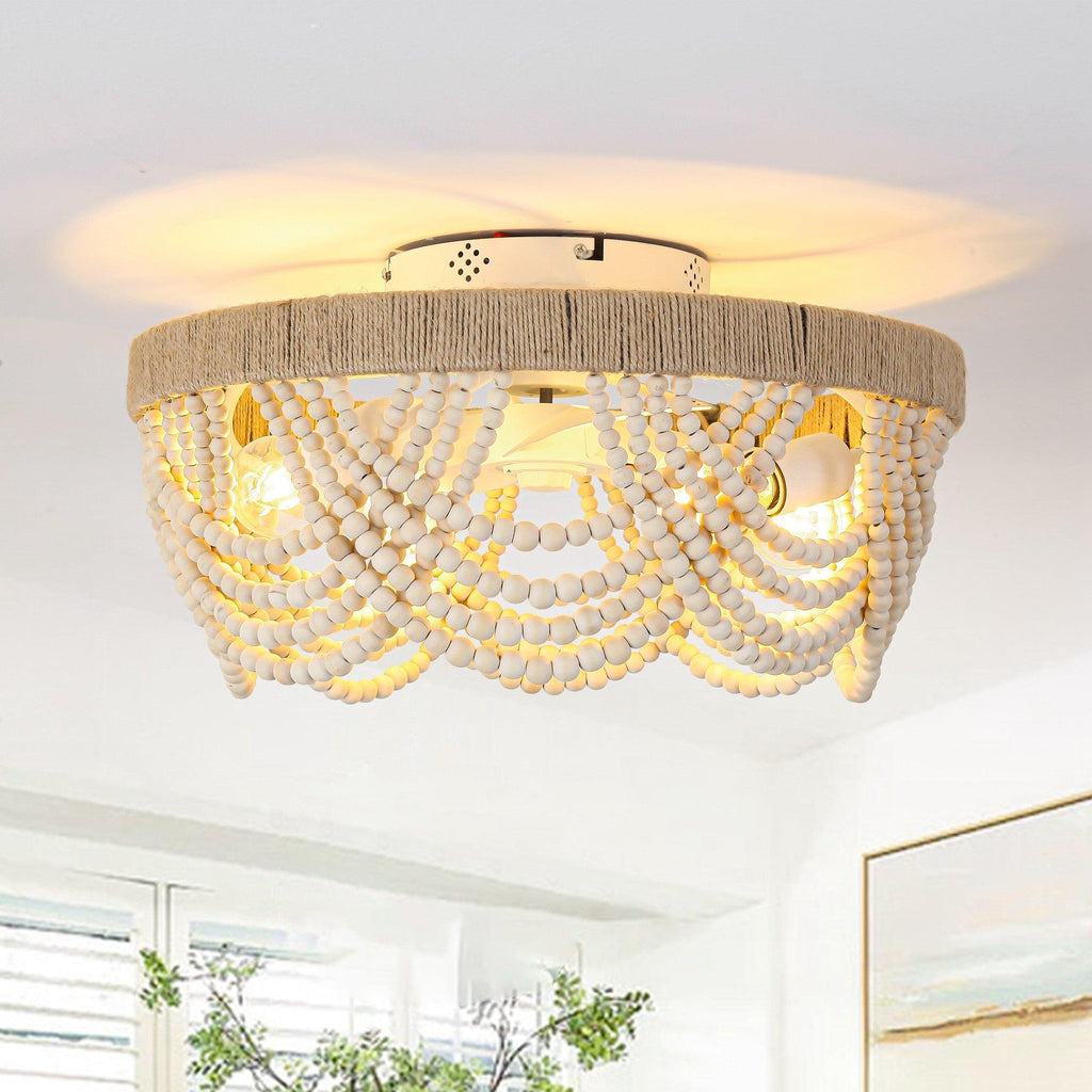 20 Inch White Farmhouse Handmade Wooden Beads Flush Mount Ceiling Fan with APP Remote Control and Lighting