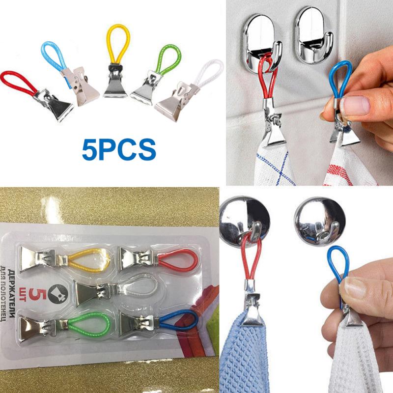 Pegs Household 5 Tea Towel Hanging Clips Clip On Hooks Loops Hand Towel Hangers Hanging Clothes Pegs Kitchen Bathroom Organizer