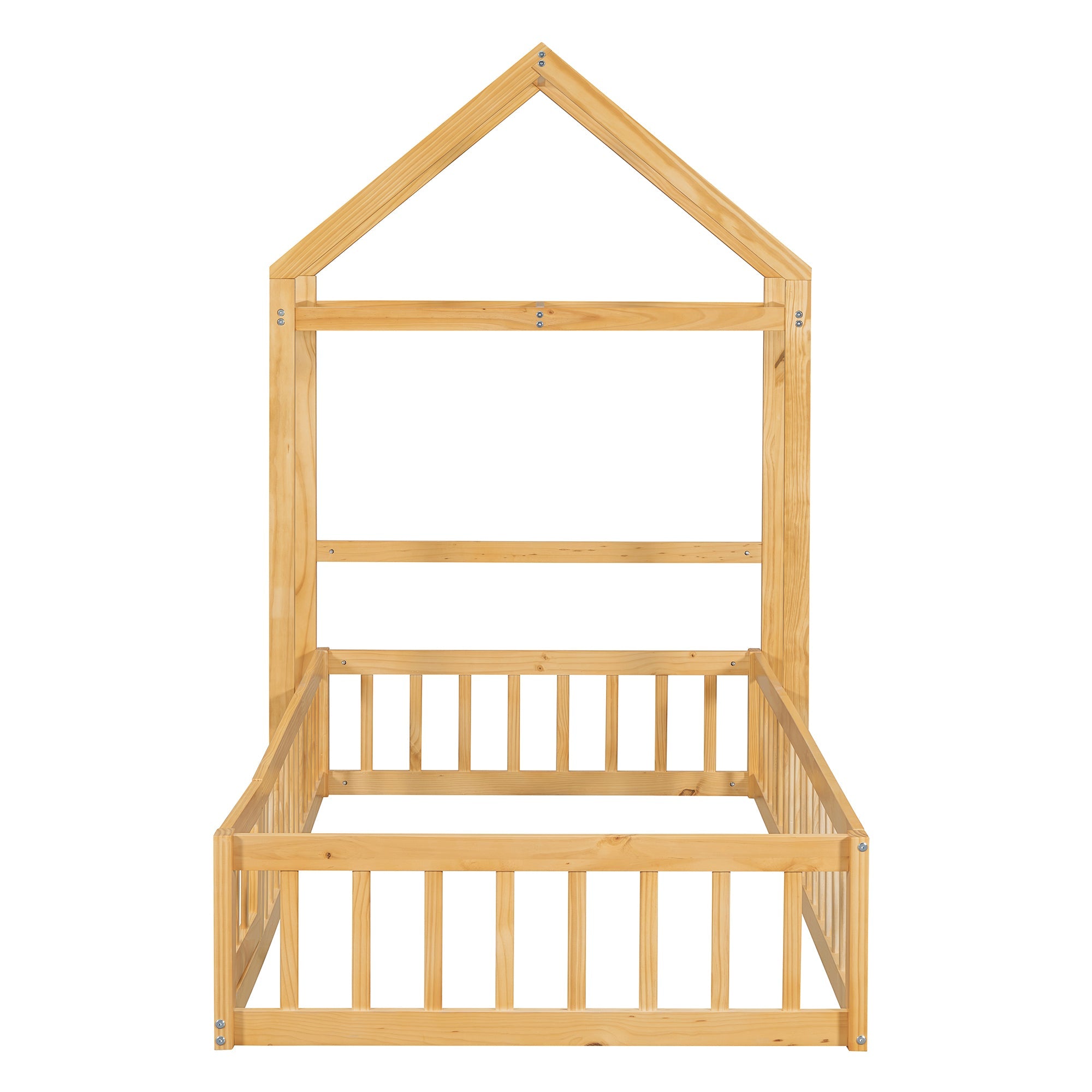 Wooden Twin Size Children's Bed with Detachable Headboard and Integrated Clothes Drying Rack, Natural