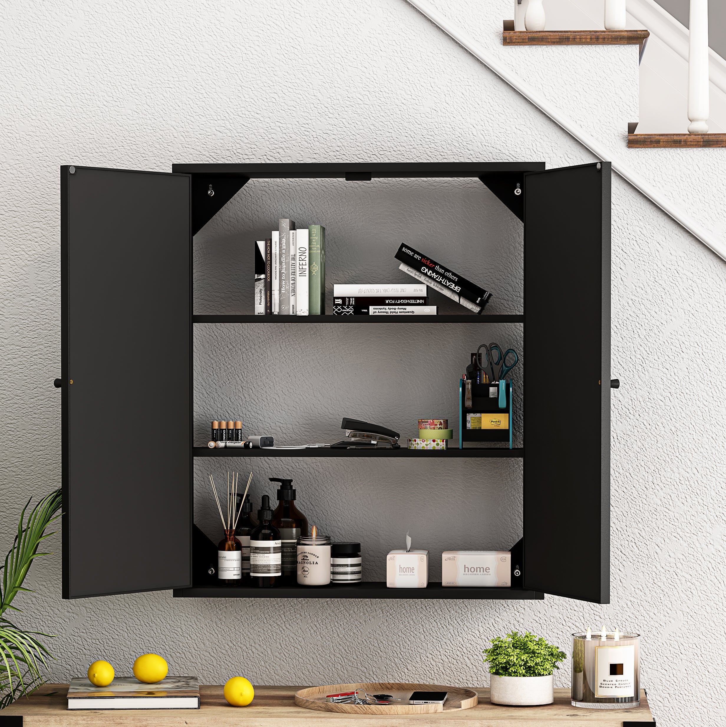 23.62 "Vintage Two Door Wall Cabinet with Mirror Three-level Entrance Storage Space Black