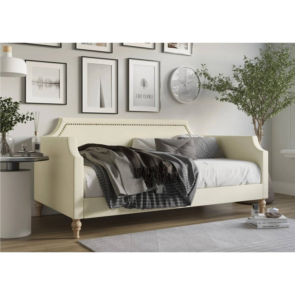 Twin size Beige Cream Polyester Fabric Upholstered Daybed with Nailhead Trim