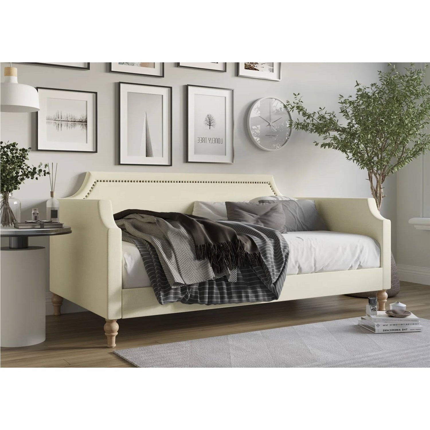 Twin size Beige Cream Polyester Fabric Upholstered Daybed with Nailhead Trim
