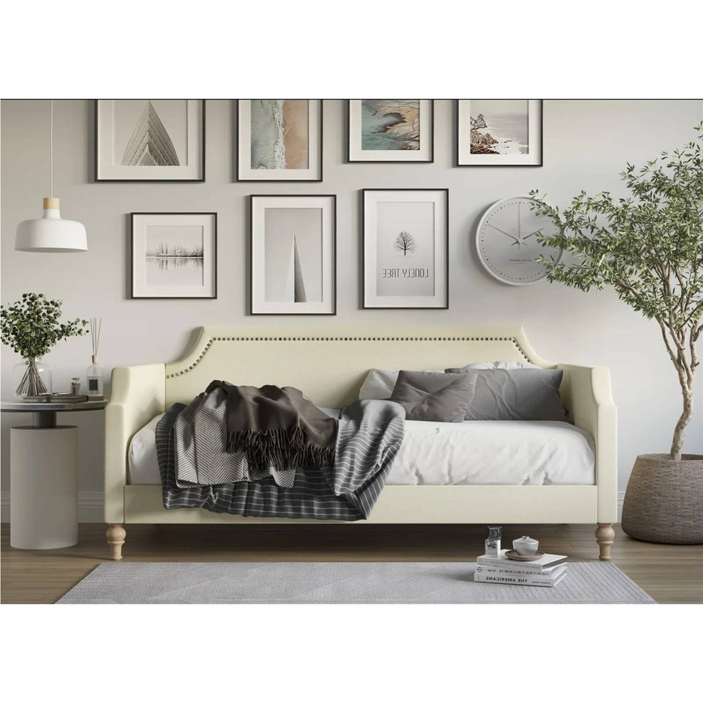 Twin size Beige Cream Polyester Fabric Upholstered Daybed with Nailhead Trim