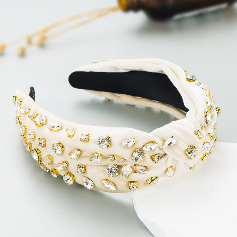 Exaggerated Fashion Hair Bands Female Corduroy Temperament Sweet Hair Ornaments Wide Side Knotted With Diamonds Headband