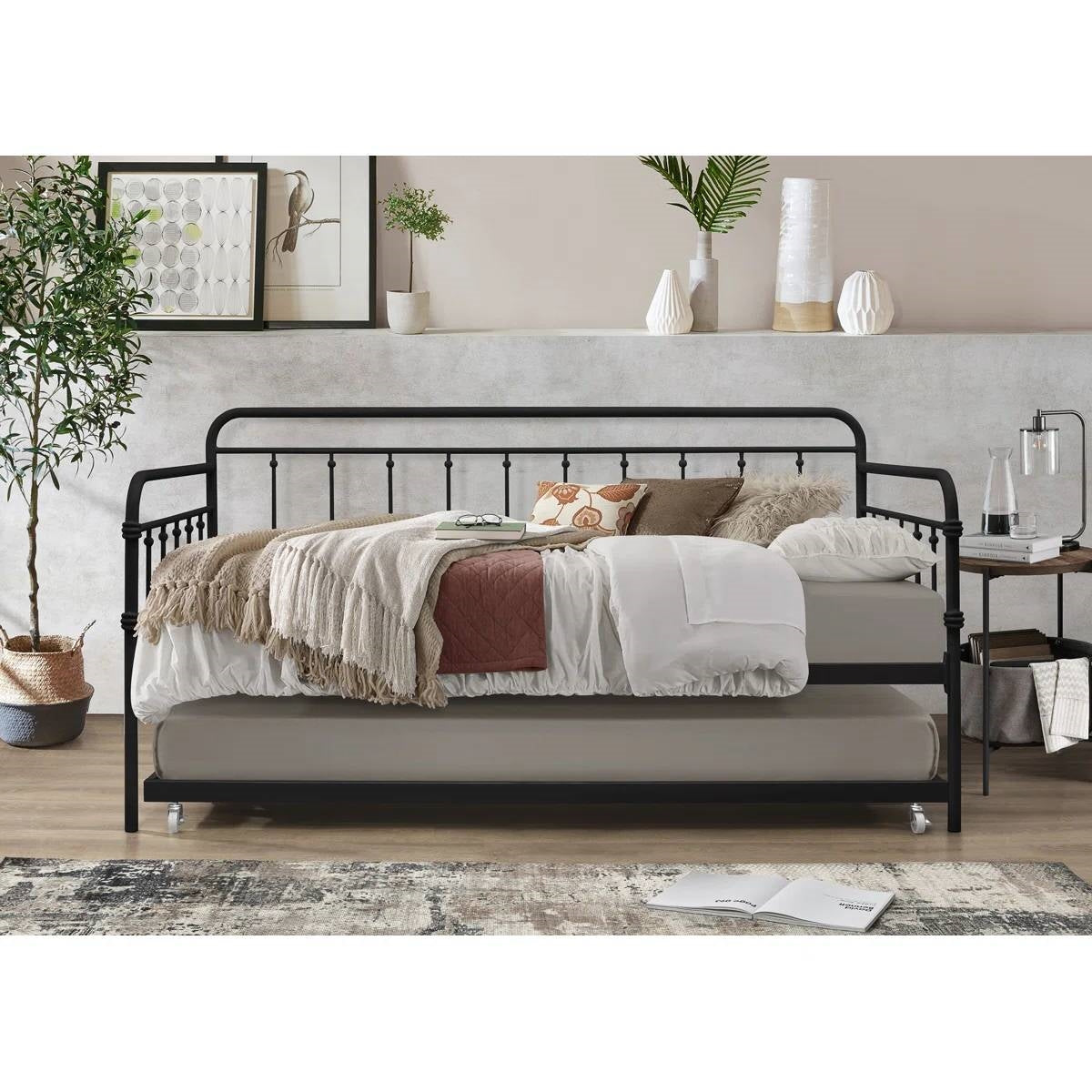 Twin size Black Rounded Iron Daybed with Roll Out Trundle Bed Frame