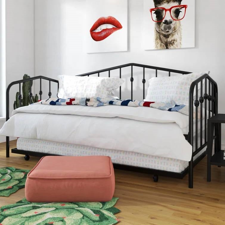 Twin size Modern Industrial Black Metal Daybed with Trundle Bed Frame
