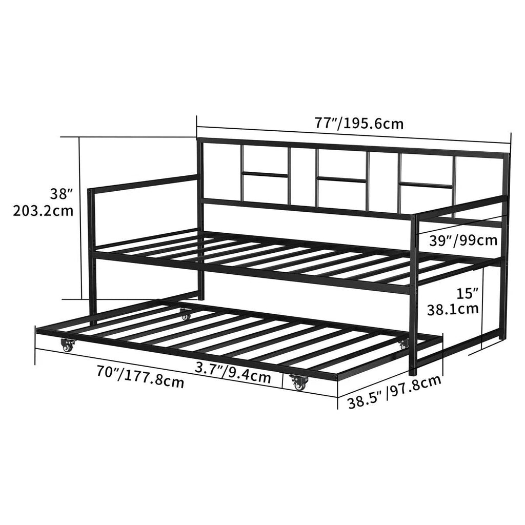 Twin size Black Metal Daybed Frame with Roll Out Trundle Bed Frame