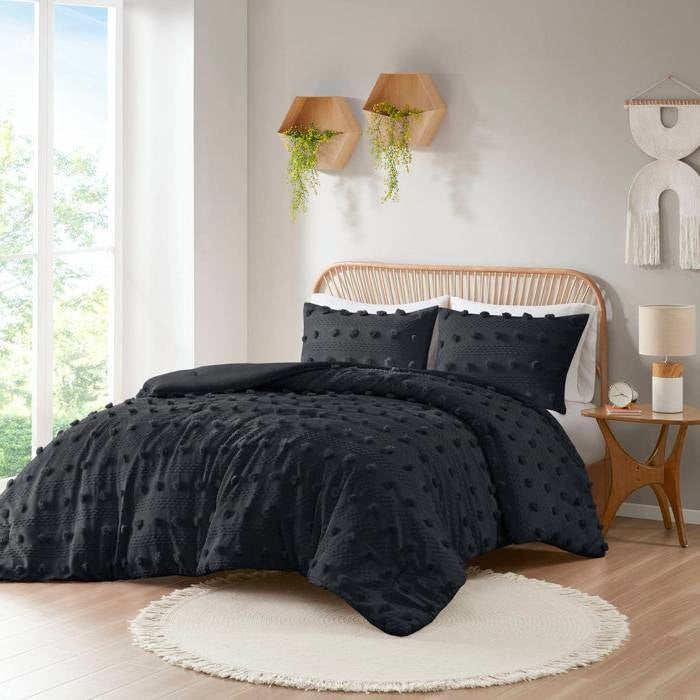 Twin/Twin XL 2 Piece Pompom Microfiber Hypoallergenic Comforter Set in Black