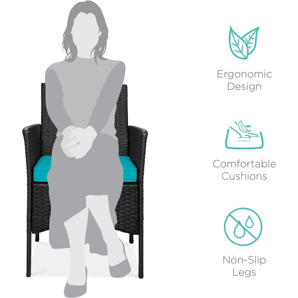 3-Piece Black PE Wicker Outdoor Dining Patio Furniture Set w/ Teal Blue Cushions