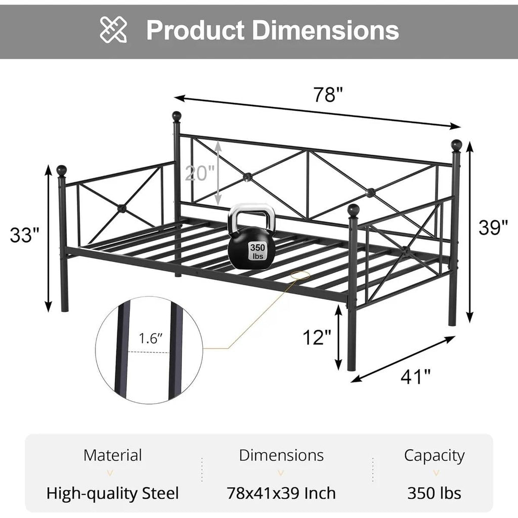 Twin size Classic Heavy Duty Metal Day Bed Frame in Black Finish