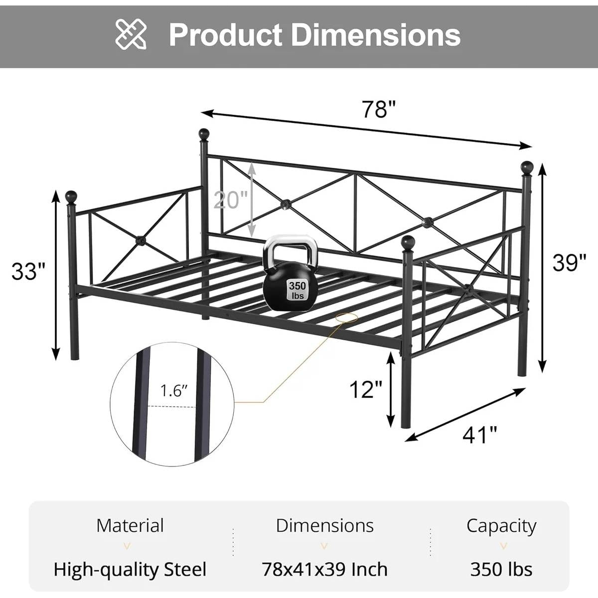 Twin size Classic Heavy Duty Metal Day Bed Frame in Black Finish