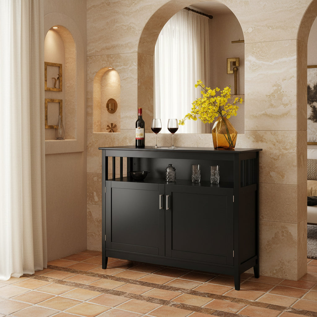 Black Wood 2-Door Dining Buffet Sideboard Cabinet with Open Storage Shelf