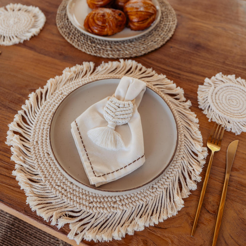 Cotton Macrame Napkins and Rings Set of 6