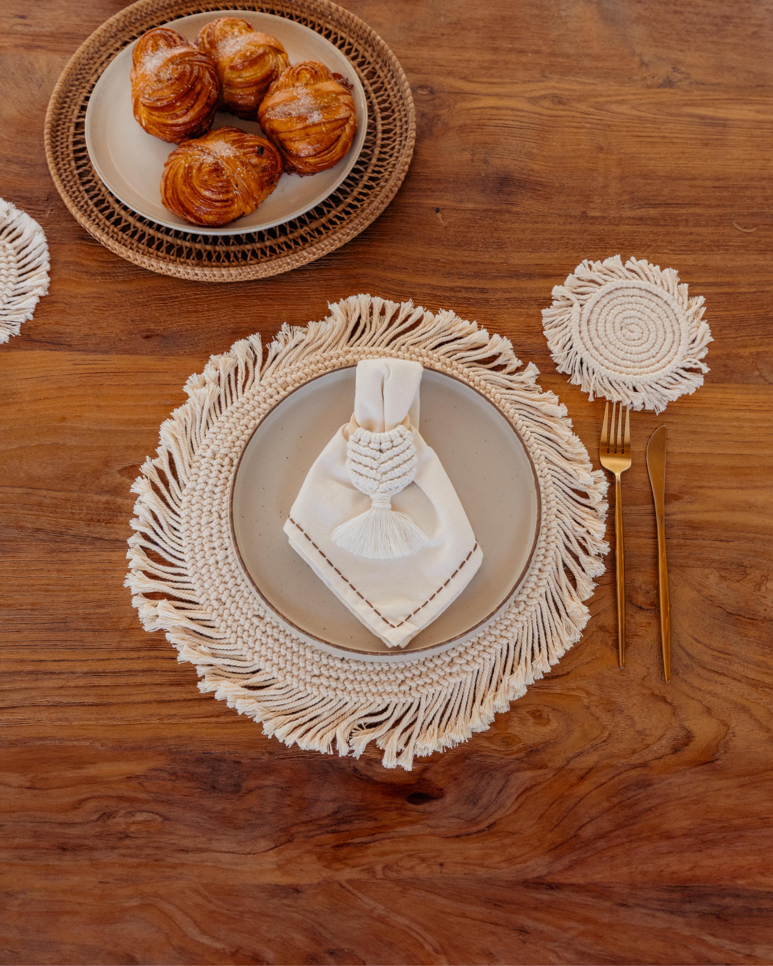 Cotton Macrame Napkins and Rings Set of 6