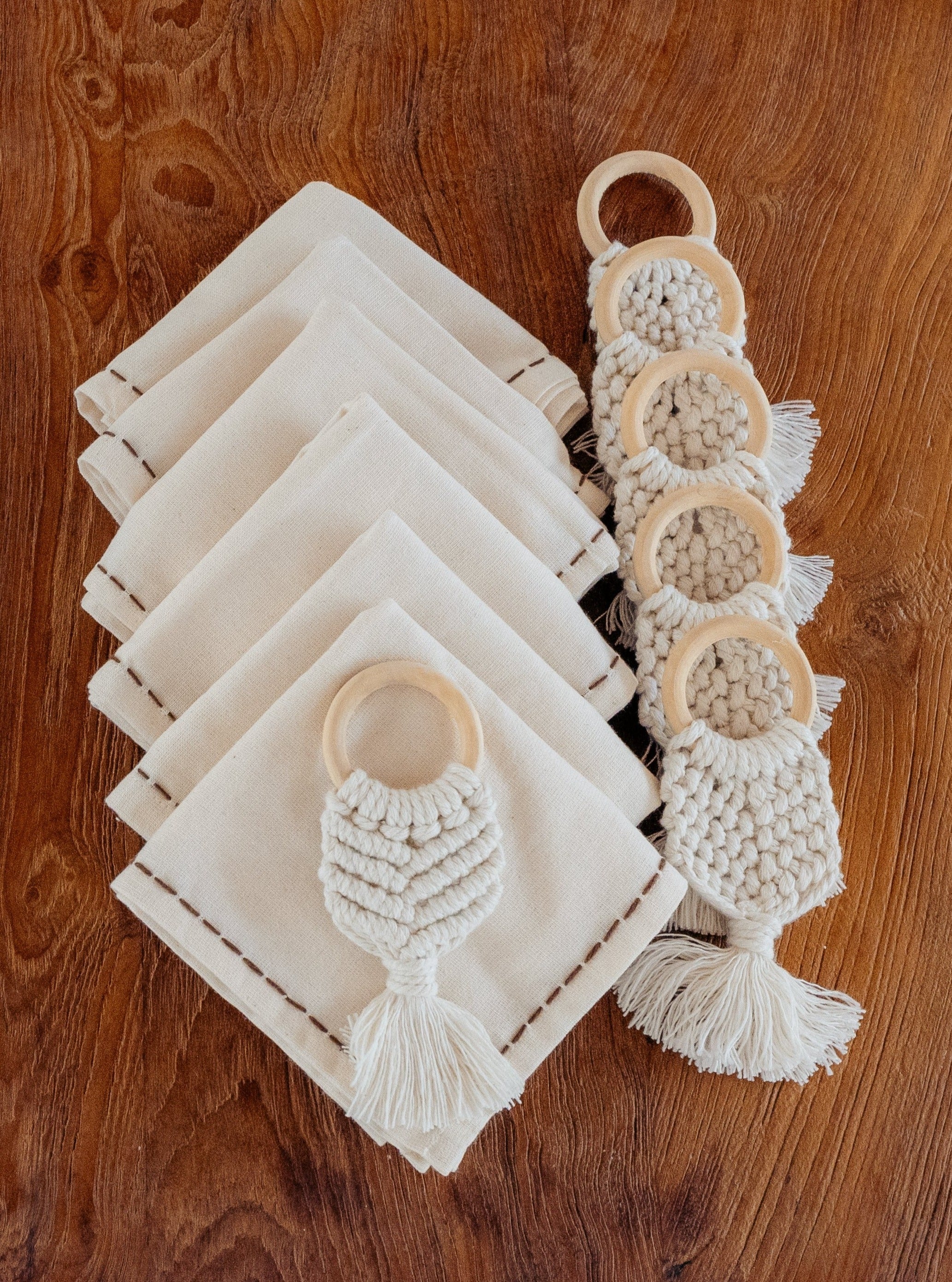 Cotton Macrame Napkins and Rings Set of 6