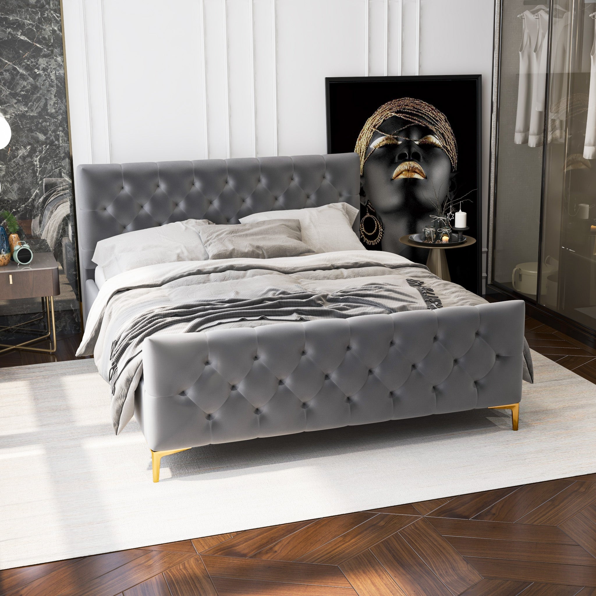 Bailey Dark Grey Velvet Queen Bed – Premium Upholstered Bed – Curated 