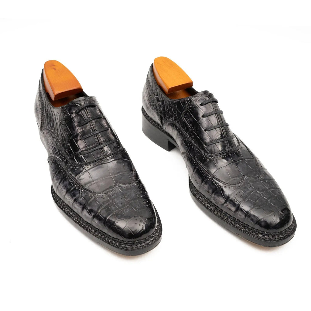 Black Grey Crocodile Oxford Shoes Goodyear Norwegian 8017