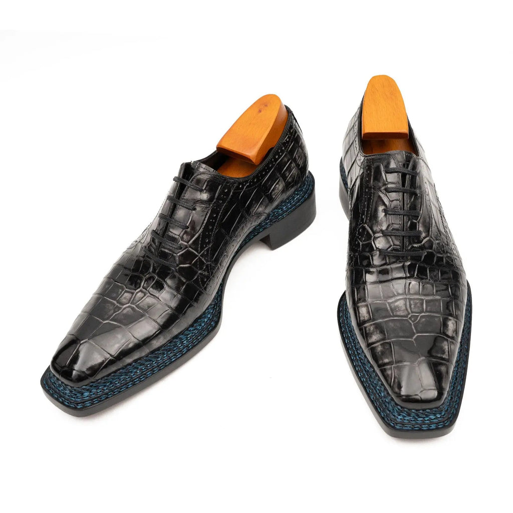 Black Grey Crocodile Oxford Shoes Goodyear Norwegian 8018