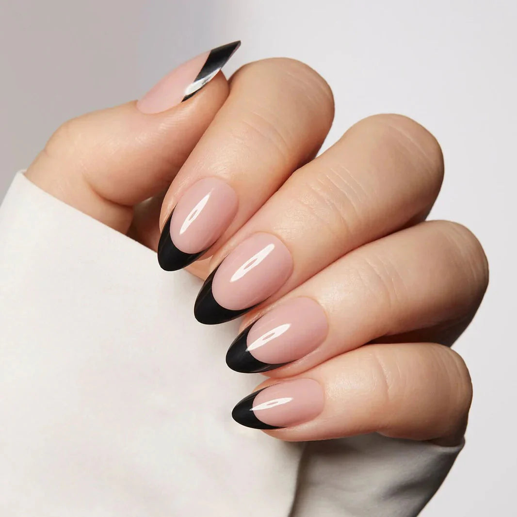Black French Almond Nails - Press On Nails | Long Lasting & Reusable