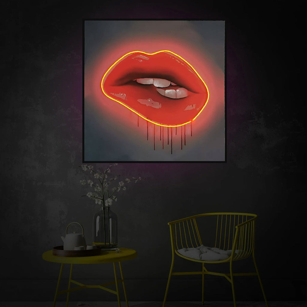 Red Lips LED Wall Art | Lip Biting Red LED Canvas with Paint Drip