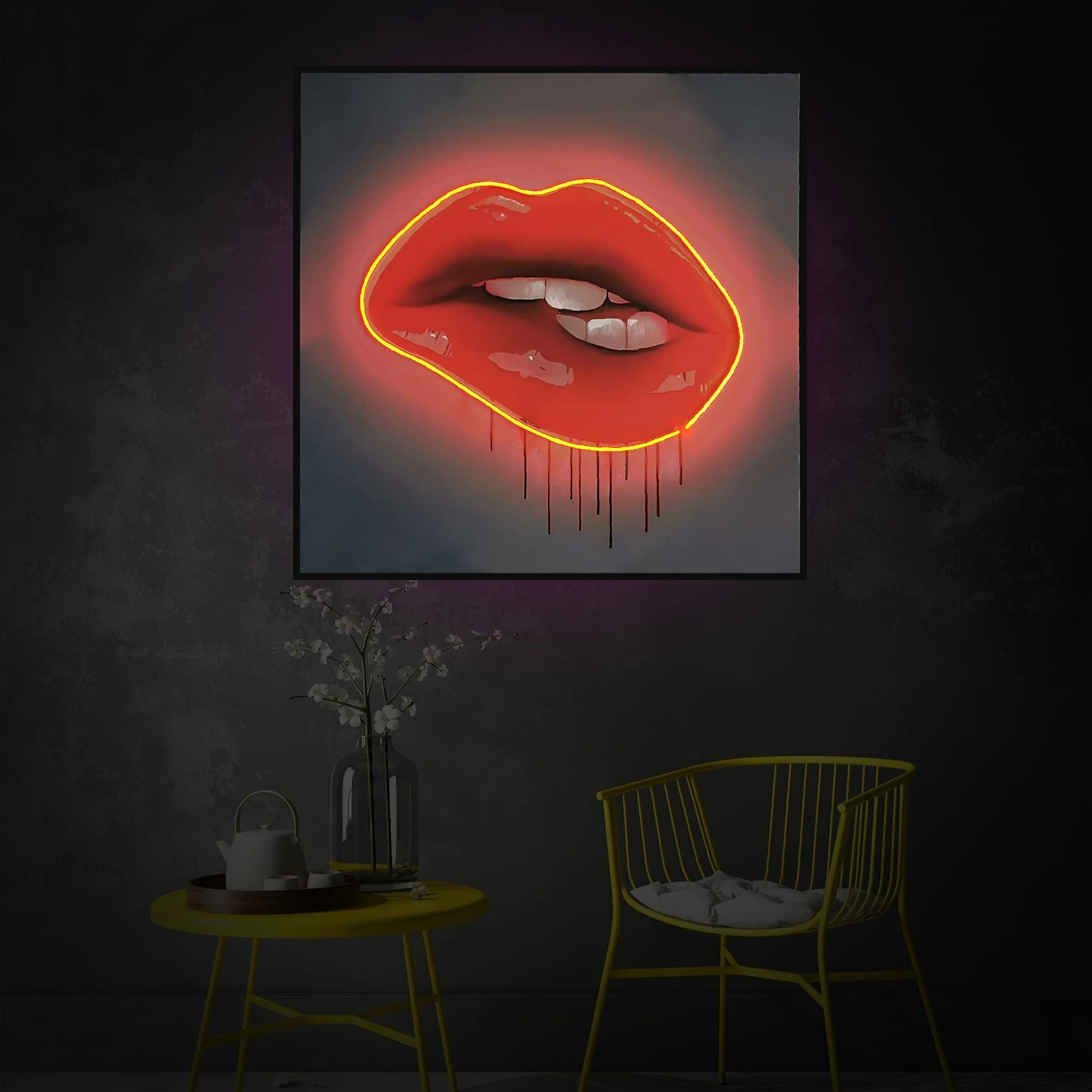 Red Lips LED Wall Art | Lip Biting Red LED Canvas with Paint Drip