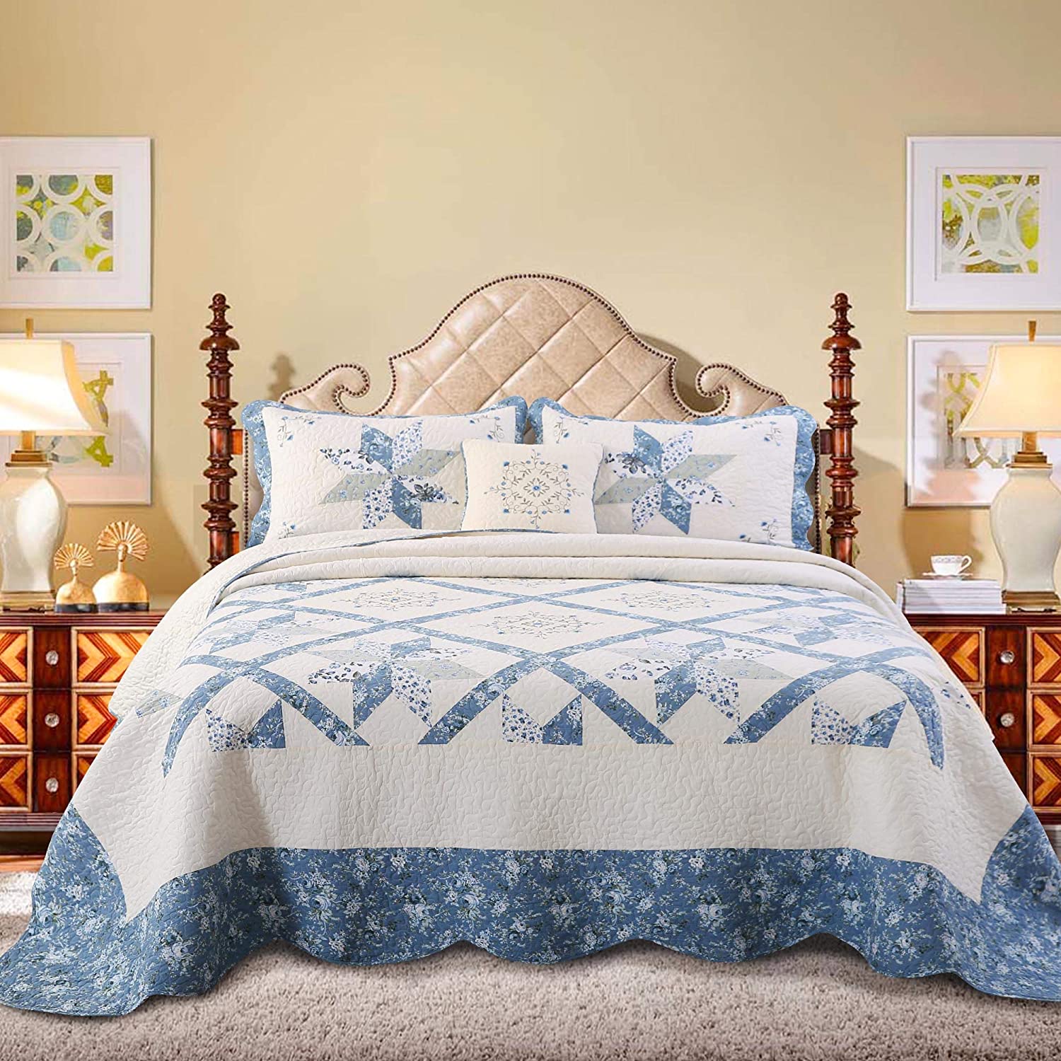 Kasentex 100% Cotton Floral Patchwork Throw Pillow, Blue