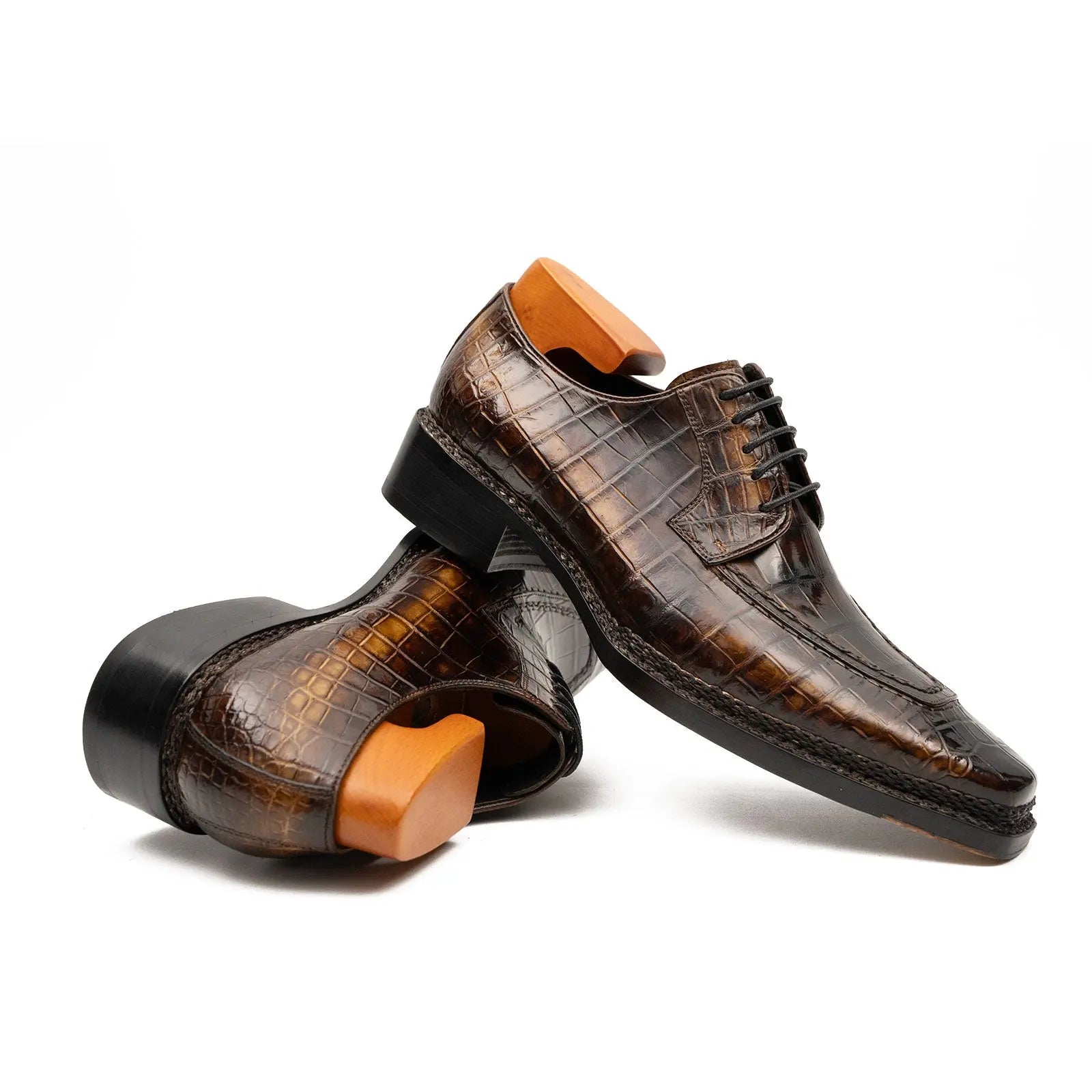 Brown Crocodile Derby Shoes Goodyear Norwegian 8014