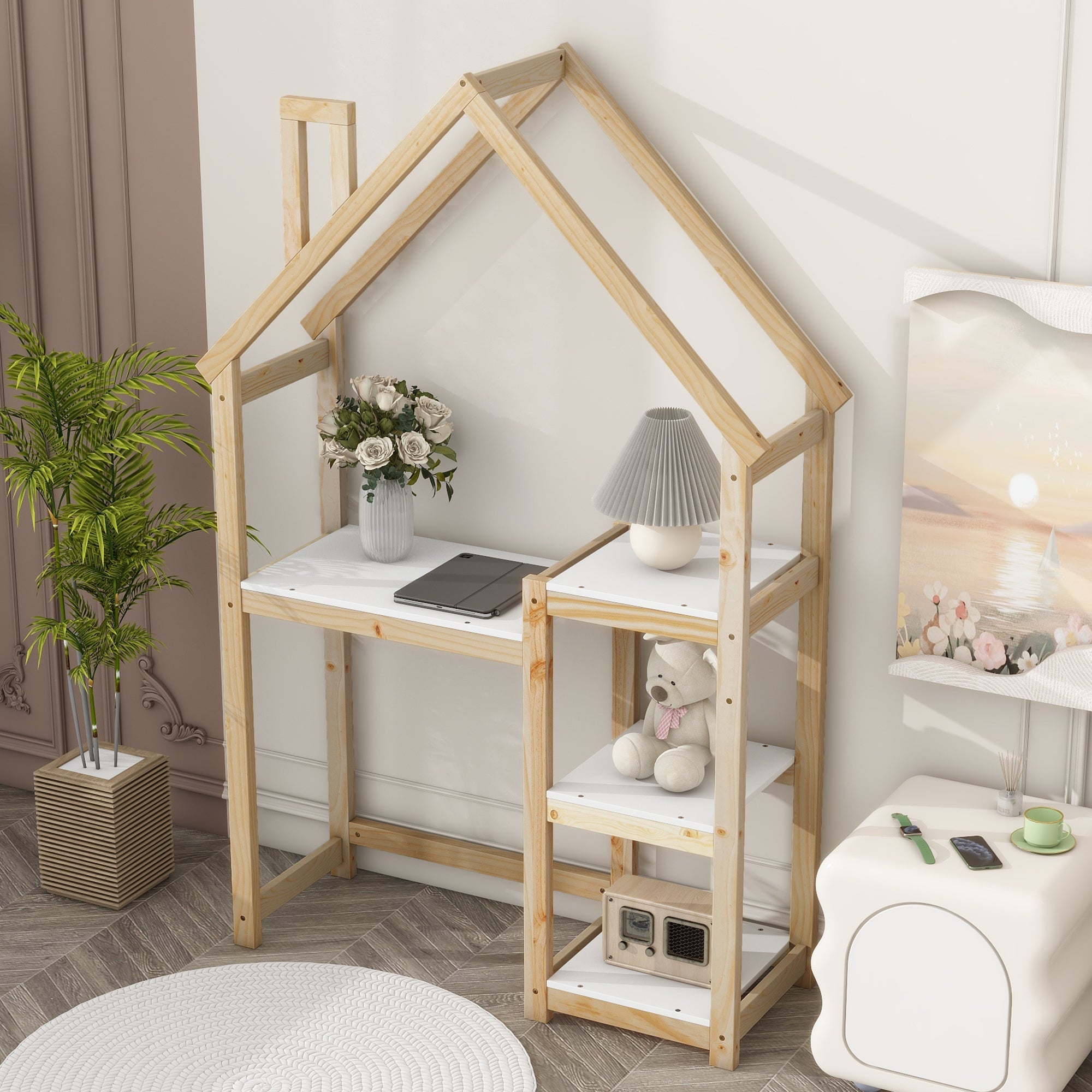 House-shaped Wooden writing Desk Kids study Table Bookshelf & Toy Storage Natural