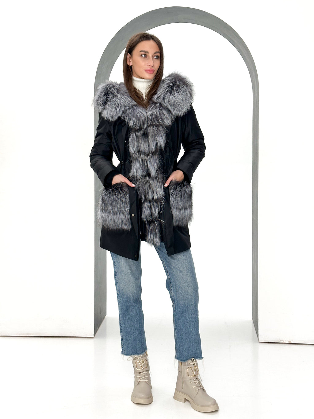 Genuine Silver Fox Fur Rabbit Fur Insulated Parka