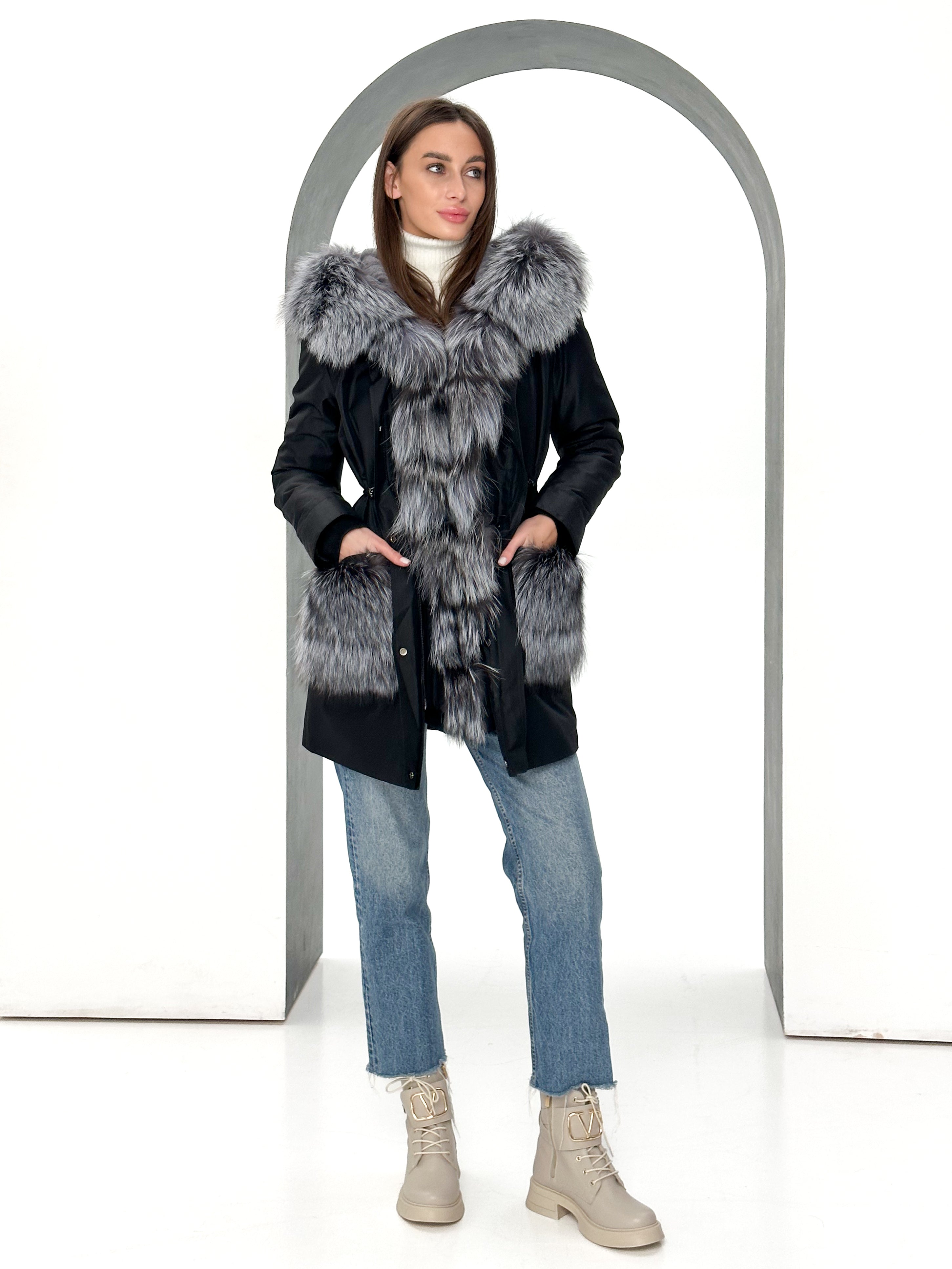Genuine Silver Fox Fur Rabbit Fur Insulated Parka