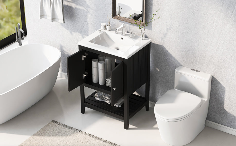 24" Black Modern Sleek Bathroom Vanity Elegant Ceramic Sink with Solid Wood Frame Open Style Shelf