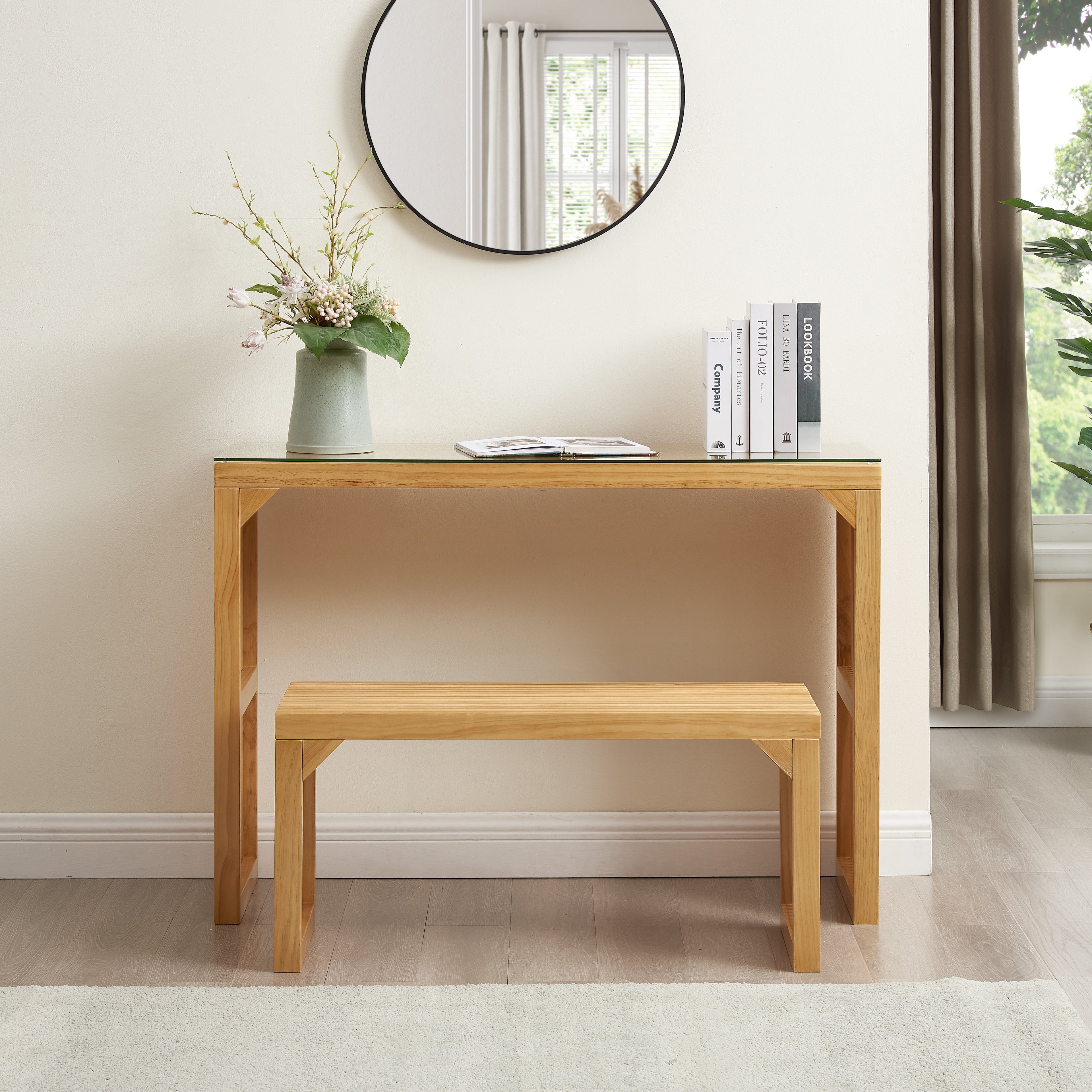 Dining Bench and Table, Pine Indoor Wood Bench for Entryway,Living Room,Kitchen and Bedroom Table (Nature, Long Bench & Table)