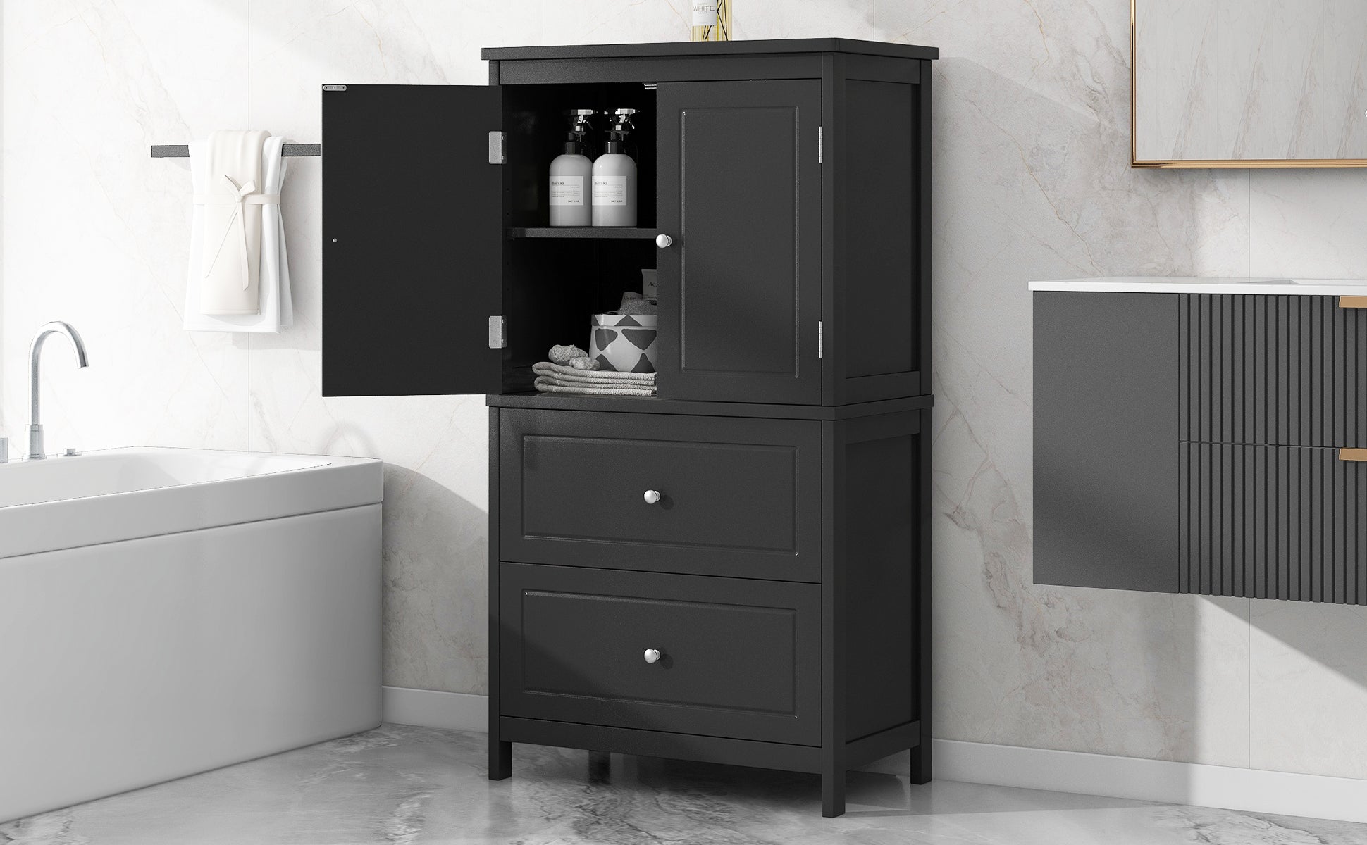 Bathroom Storage Cabinet, Cabinet with Two Doors and Drawers, Adjustable Shelf, MDF Board, Black