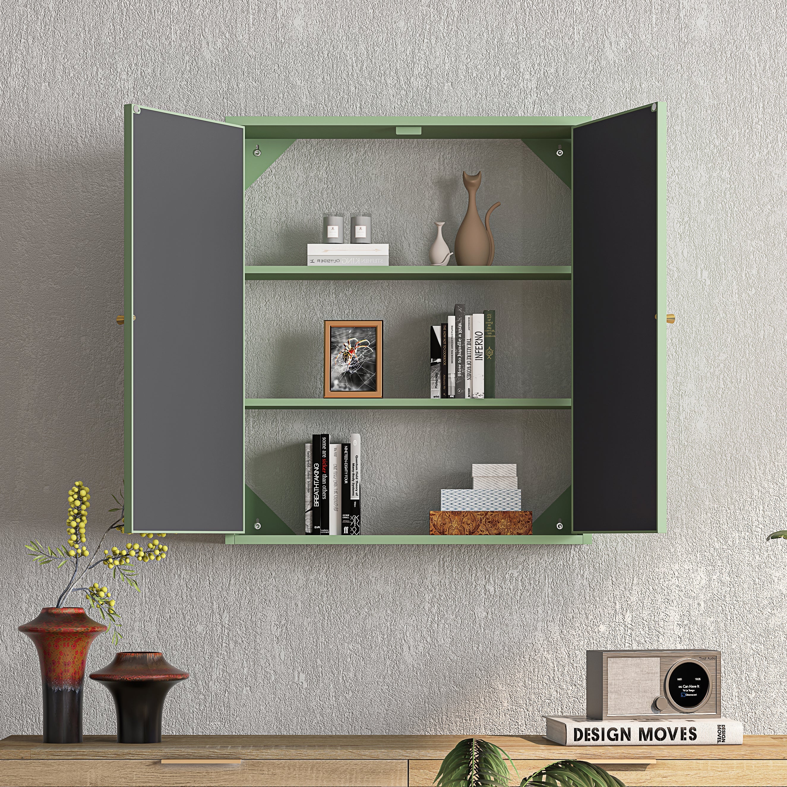23.62 "Vintage Two Door Wall Cabinet with Mirror Three-level Entrance Storage Space Green