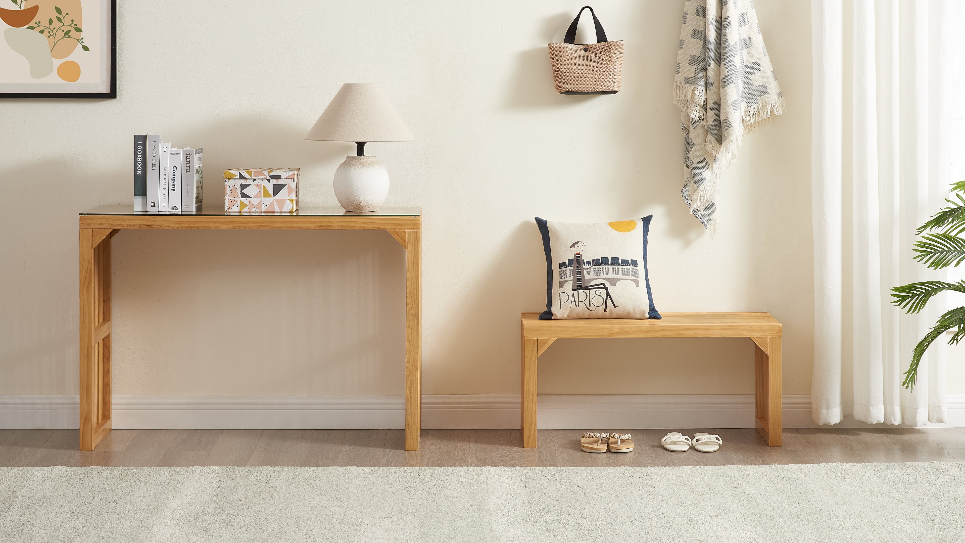 Dining Bench and Table, Pine Indoor Wood Bench for Entryway,Living Room,Kitchen and Bedroom Table (Nature, Long Bench & Table)